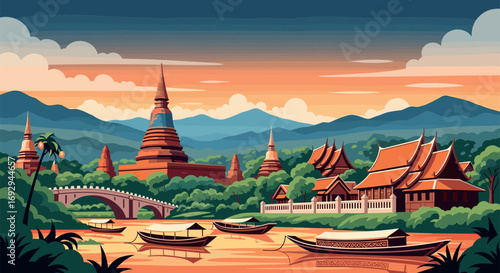 Chiang Mai Vector Travel Poster, Cinematic Minimal Landscape Art