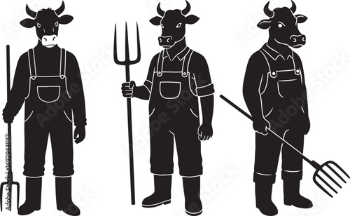Three anthropomorphic cows dressed as farmers holding pitchforks silhouette