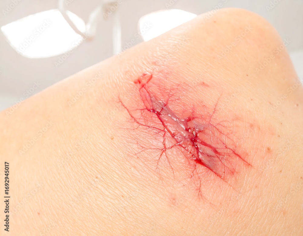 Fototapeta premium A bloody, open wound on a light-skinned knee