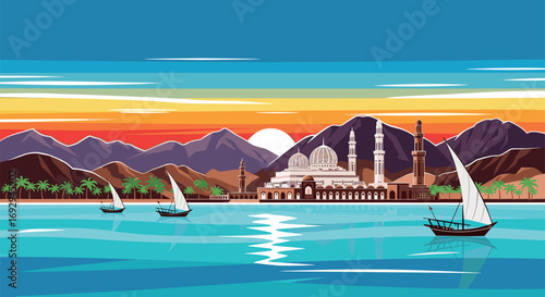 Muscat Vector Travel Poster, Cinematic Minimal Landscape Art