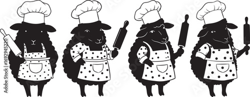 Four cartoon chefs in silhouette holding baking tools and wearing aprons silhouette