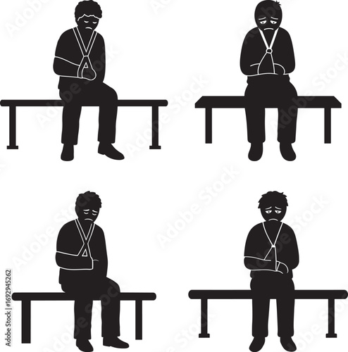 Four distinct black silhouettes of people sitting on benches silhouette