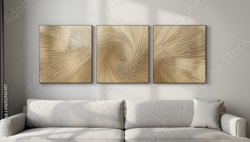 Textured triptych wall art above a modern sofa with neutral cushions in a well lit room
