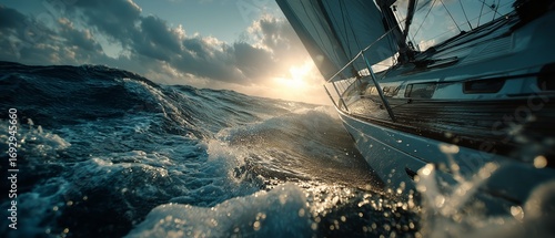 Sailboat Navigating Through Turbulent Ocean Waves at Sunset With Dramatic Clo...