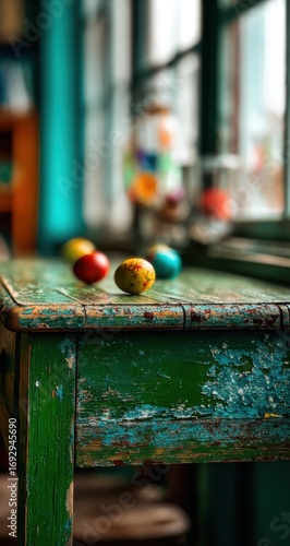 Colorful eggs on a weathered green table by a window