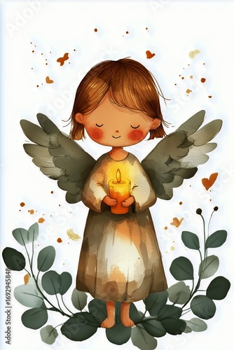 Child Angel Holding Candle With Wings and Greenery Background in a Soft and S...