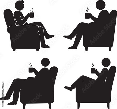 Four simple black silhouettes of people sitting in armchairs holding cups silhouette