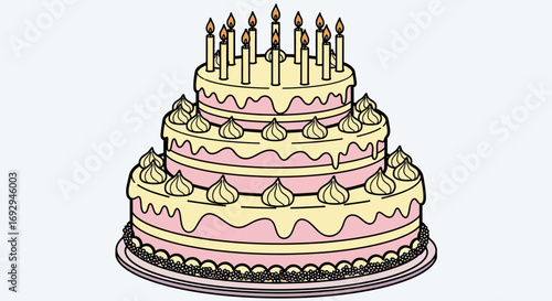 A festive three-tiered birthday cake with pink and yellow icing, dripping glaze, and lit candles on top.