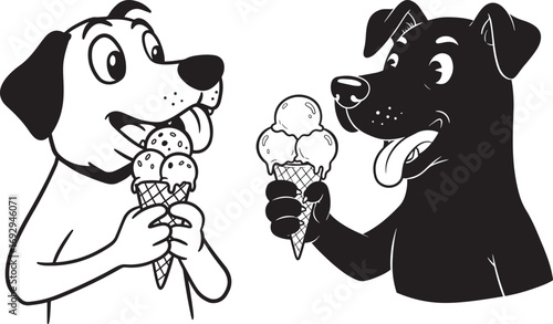 Two happy dogs enjoying delicious ice cream cones silhouette
