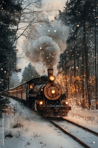 Winter Train Journey Through Snow-Covered Landscape Near Mountainous Area.