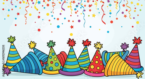 A whimsical row of colorful, hand-drawn party hats with stripes, polka dots, and fluffy pompom toppers.