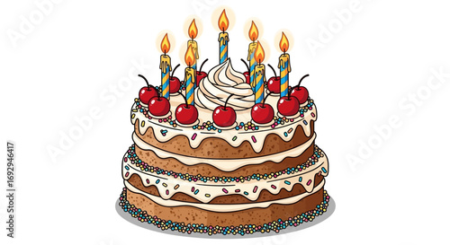Cartoon two-tiered birthday cake with white frosting, red cherries, colorful sprinkles, and seven lit candles.