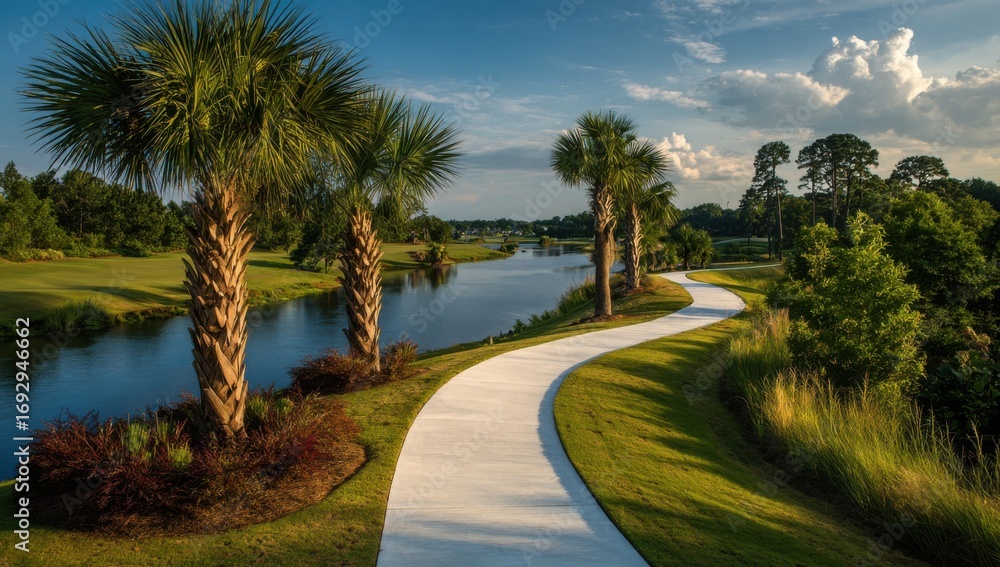 Obraz premium Scenic walkway by a tranquil waterway