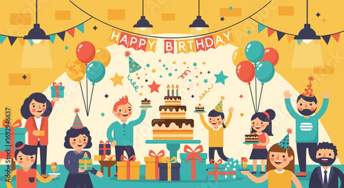Colorful Birthday Party Illustration with People, Cake, Balloons, and Gifts