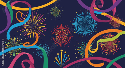 Colorful Fireworks and Ribbons Celebration on Dark Blue Background