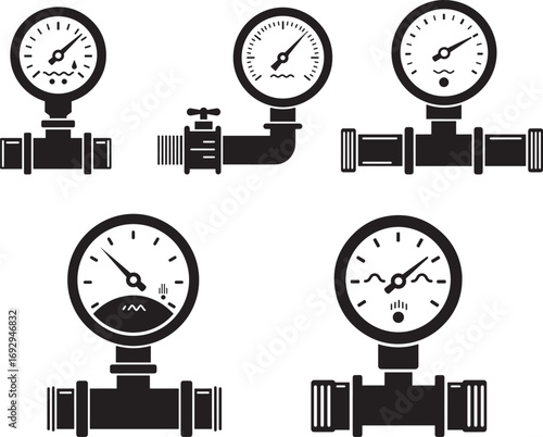 Set of five industrial pressure gauge pipe fitting silhouettes