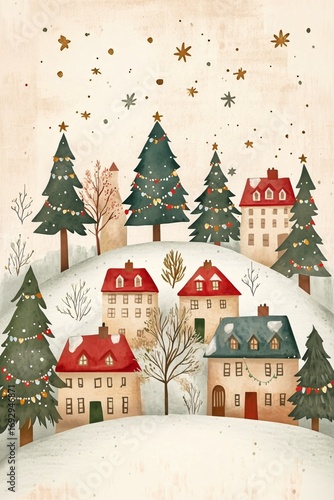 Winter Village Landscape With Decorated Houses and Evergreen Trees on a Snowy...
