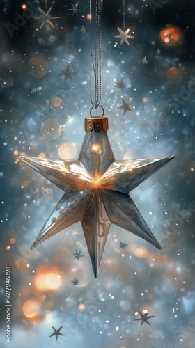 Sparkling Silver Star Ornament Hanging Against a Festive, Blurred Background.