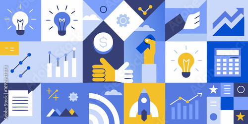 Abstract geometric mosaic of business and finance icons representing ideas growth and success