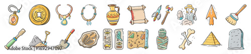 Hand drawn archaeology and ancient history icons - Collection of colorful hand drawn archaeology icons featuring artifacts, scrolls, tools, pyramids, fossils, bones, jewelry, pottery, and ruins.