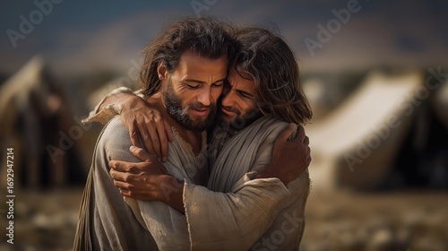 Esau and Jacob embracing after years apart, standing on a dusty plain under golden light, tears in their eyes, family and flocks gathered in the distance, reconciliation glowing in the air.