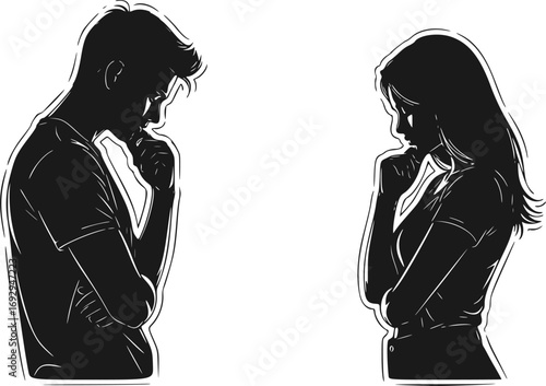 Silhouette Head Profile of Young Man and Woman Facing Each Other. Vector Illustration of Teenagers Thinking, Gender Opposition, Love and Relationship Concept