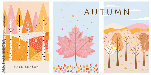 Triptych of stylized autumn trees and leaves in pastel colors with fall season and autumn text