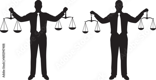 Two businessmen holding scales of justice in silhouette