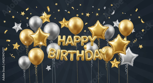 Festive Birthday Balloons and Confetti with Golden Lettering Design