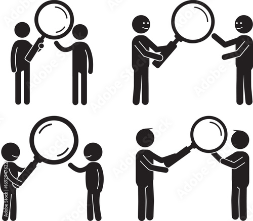 Four stick figure silhouettes examining something with a magnifying glass silhouette