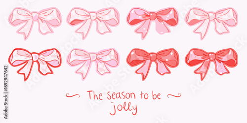 A collection of cute pink and red bows with a handwritten holiday greeting that says the season to be jolly