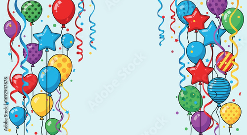 Festive Colorful Balloons and Ribbons: A cheerful collection of star, round, and heart-shaped balloons in various colors and patterns, adorned with swirling rib