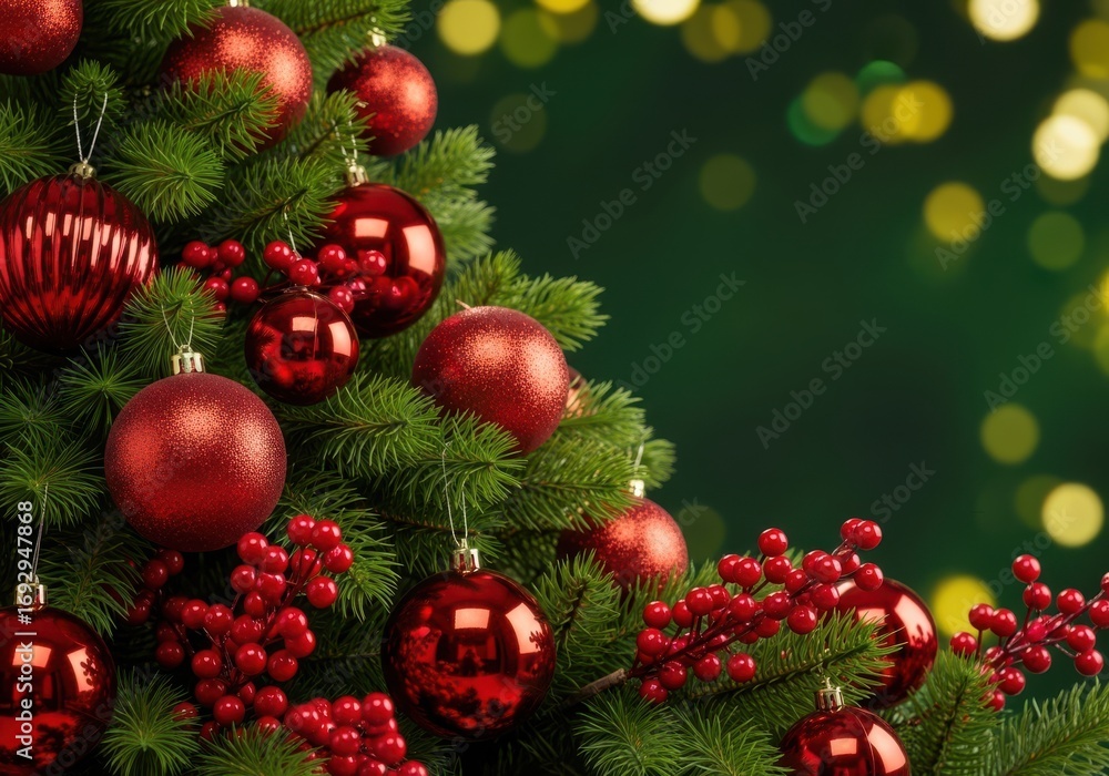 Fototapeta premium Closeup of a beautifully decorated christmas tree with sparkling red ornaments and berries, set against a blurred green background with bokeh lights
