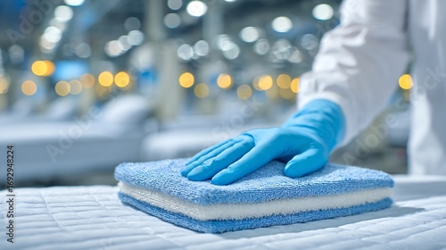 Cleanliness and Hygiene: A Gloved Hand Gently Places a Clean Towel on a Surface