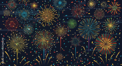 Festive illustration of colorful fireworks exploding in a vibrant, stylized display with confetti.