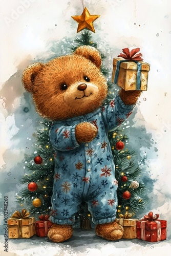 Cute Bear in Pajamas Holding Gift by Decorated Christmas Tree With Ornaments ...