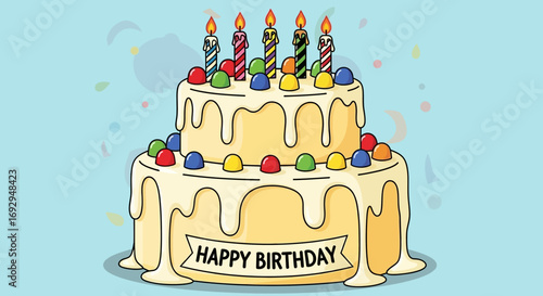 Festive two-tier cartoon birthday cake with dripping cream frosting, colorful candies, and five lit candles.