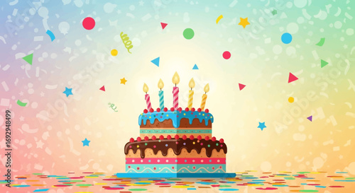 Festive Two-Tiered Birthday Cake with Lit Candles and Confetti