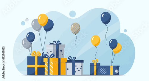 Modern flat illustration of decorated gift boxes with ribbons and colorful party balloons for a celebration.