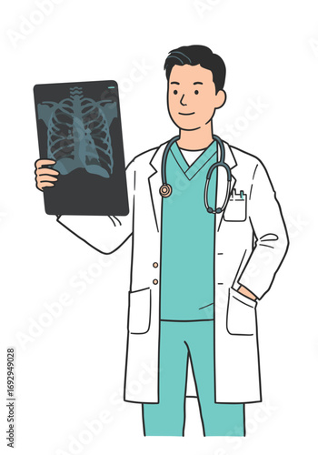 Doctor showing x-ray and smiling in clinical setting 