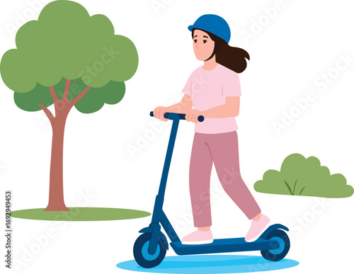 Ilustración vectorial en estilo plano de una mujer desplazándose en scooter eléctrico en un parque urbano. Concepto de movilidad sostenible.