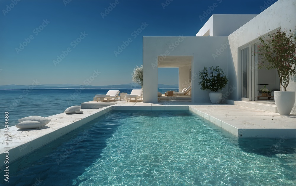 Fototapeta premium Modern Villa With Pool Overlooking Tranquil Sea at Sunset in a Serene Coastal Location