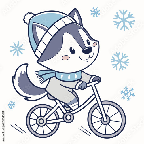 Cute Mischievous Husky, accessorized with riding a bicycle, in a Cozy winter world – Frosty Winter palette vector