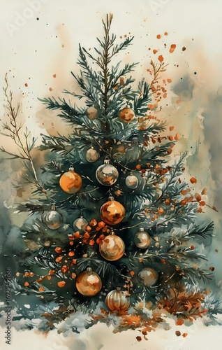 Decorative Christmas Tree Adorned With Shiny Ornaments and a Star on Top in W...