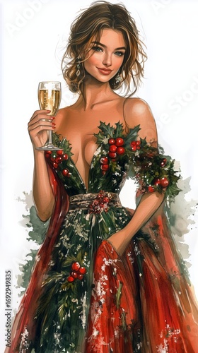 Elegant Woman in Festive Dress Holding a Champagne Glass During a Holiday Cel...