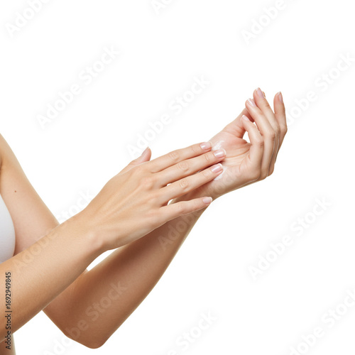 Woman Applying Moisturizer On Hand, Skin Care Procedure, Cosmetic Treatment, Isolated On Transparent Background, PNG