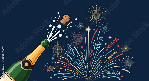 Vibrant Illustrated Champagne Bottle Popping Cork with Sparkling Spray and Colorful Fireworks