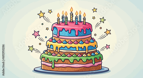 Vibrant three-tiered birthday cake with dripping colorful frosting and eight lit candles, cartoon style.