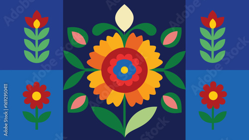 Folk Art Style Floral Composition With Central Flower And Bordering Blooms vector illustration