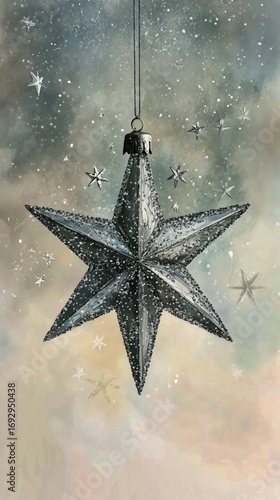 Decorative Silver Star Ornament Hanging Amidst Cosmic Backdrop With Sparkling...